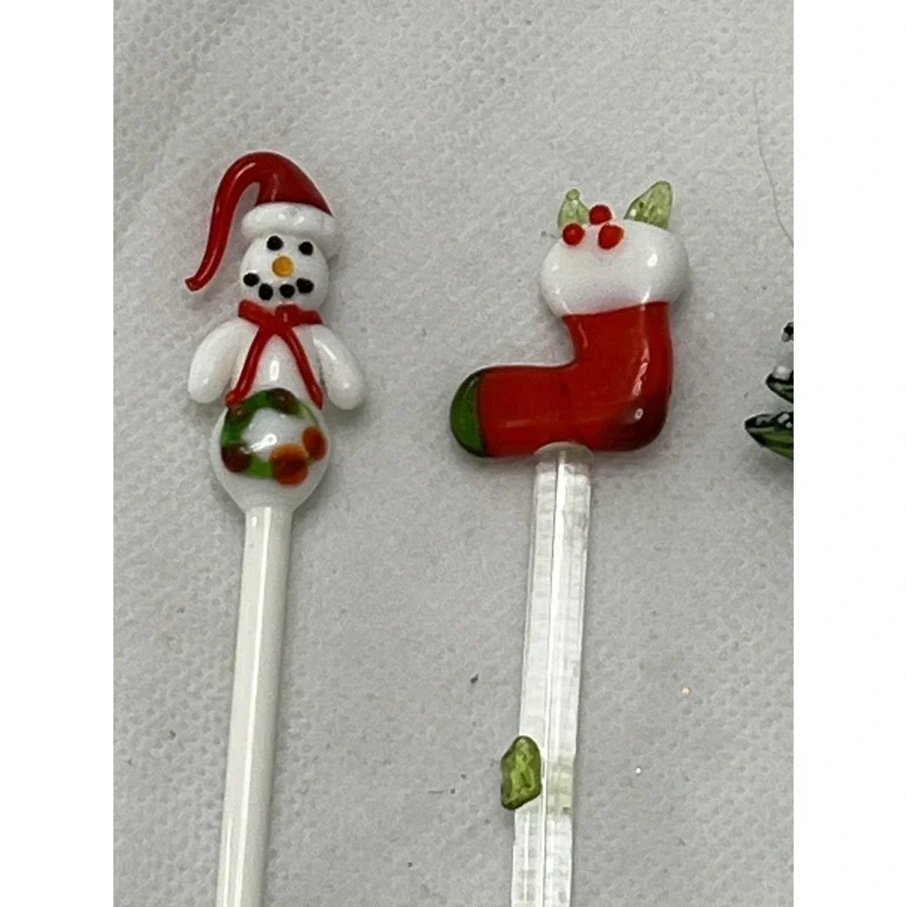 Vintage Hand Blown Glass Christmas Swizzle Sticks Cocktail Stirrers Set of 6
